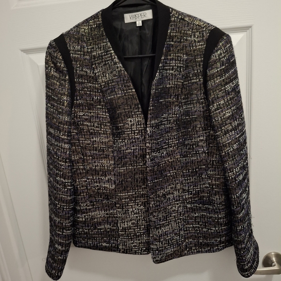 Kasper Jackets & Blazers - Kasper Size 12 Black White Gold Metallic Thread Tweed Open Front Evening Jacket